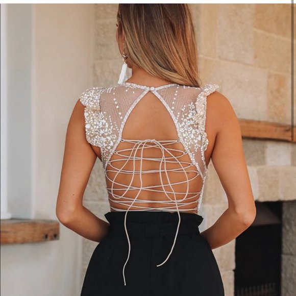 Hello Molly Look At You Bodysuit Champagne Glitter Womens Medium Lace Up Back - Picture 2 of 13